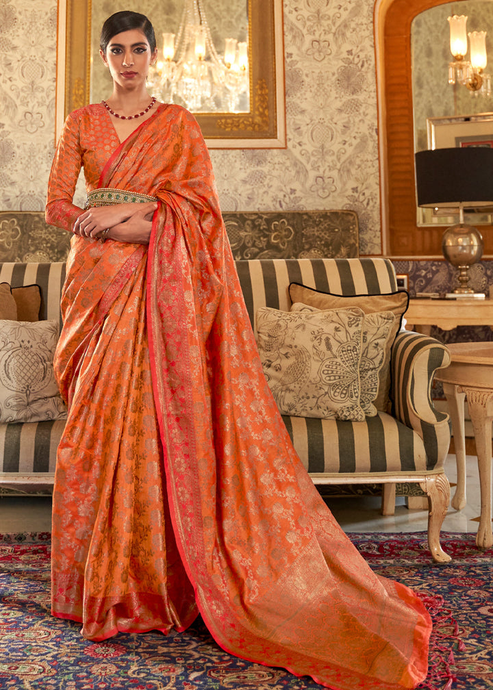 Orange Woven Tussar Silk Saree With Brocade Blouse