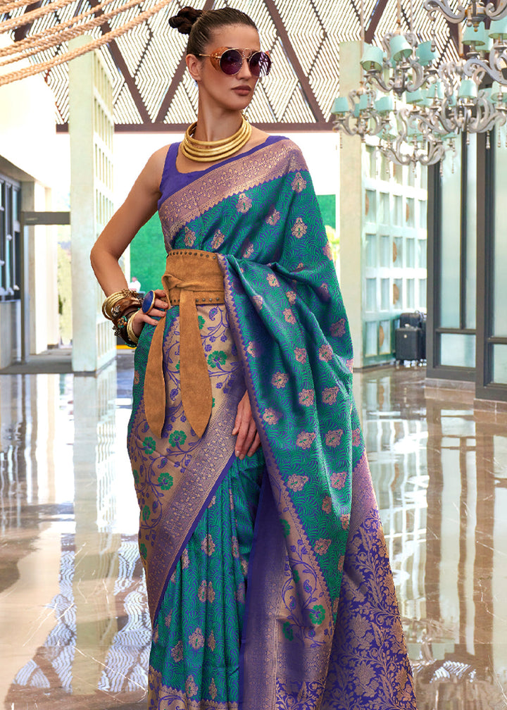 Teal Blue Handloom Woven Silk Saree