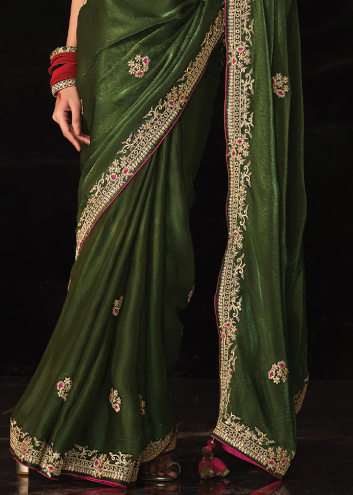 Classy Green Heavy Embroidery Designer Saree