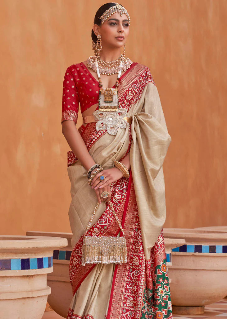 Beige And Red Designer Patola Saree