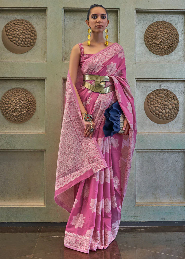 Orchid Purple Woven Lucknowi Chikankari Silk Saree