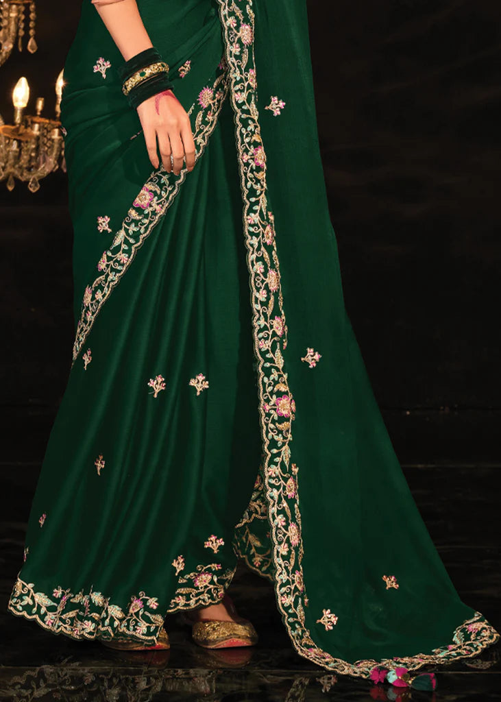 Forest Green Heavy Embroidery Designer Saree