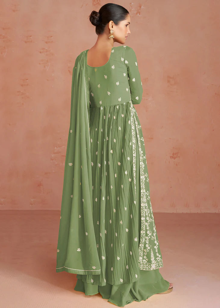 Dusky Green Designer Embroidery Georgette Dress