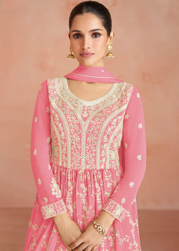 Sweet Pink Designer Embroidery Georgette Dress