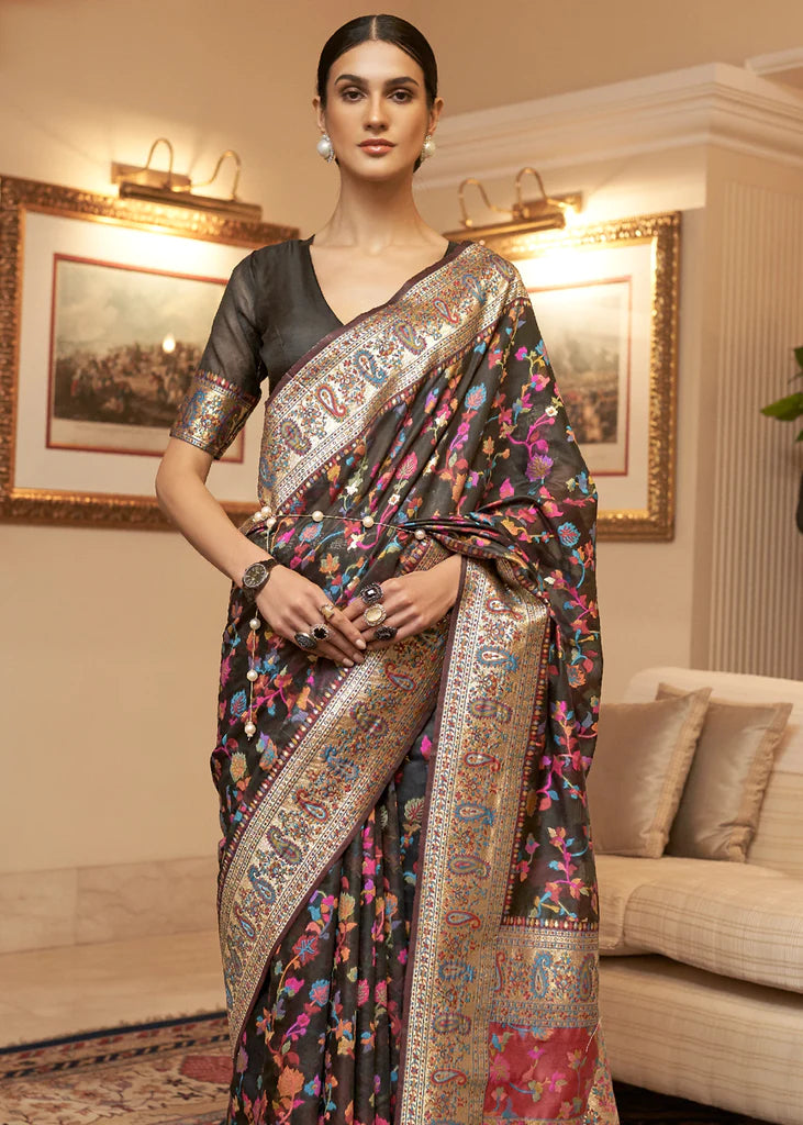 Multi Color Royal Black Woven Kashmiri Saree