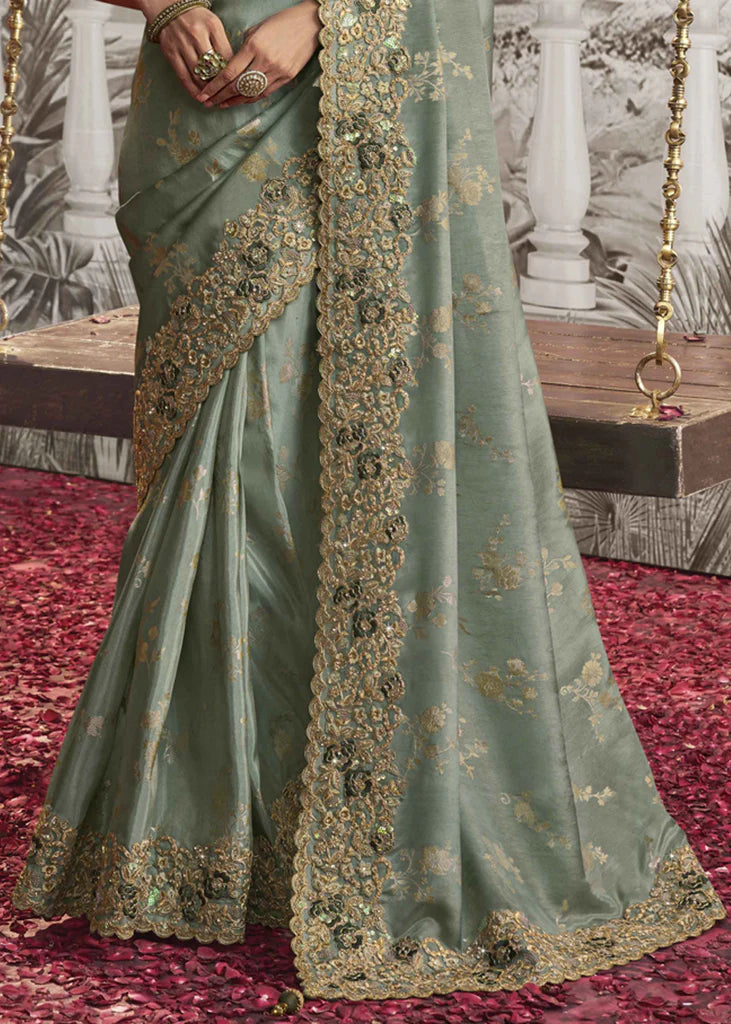 Meenakari Green Heavy Embroidery Designer Saree