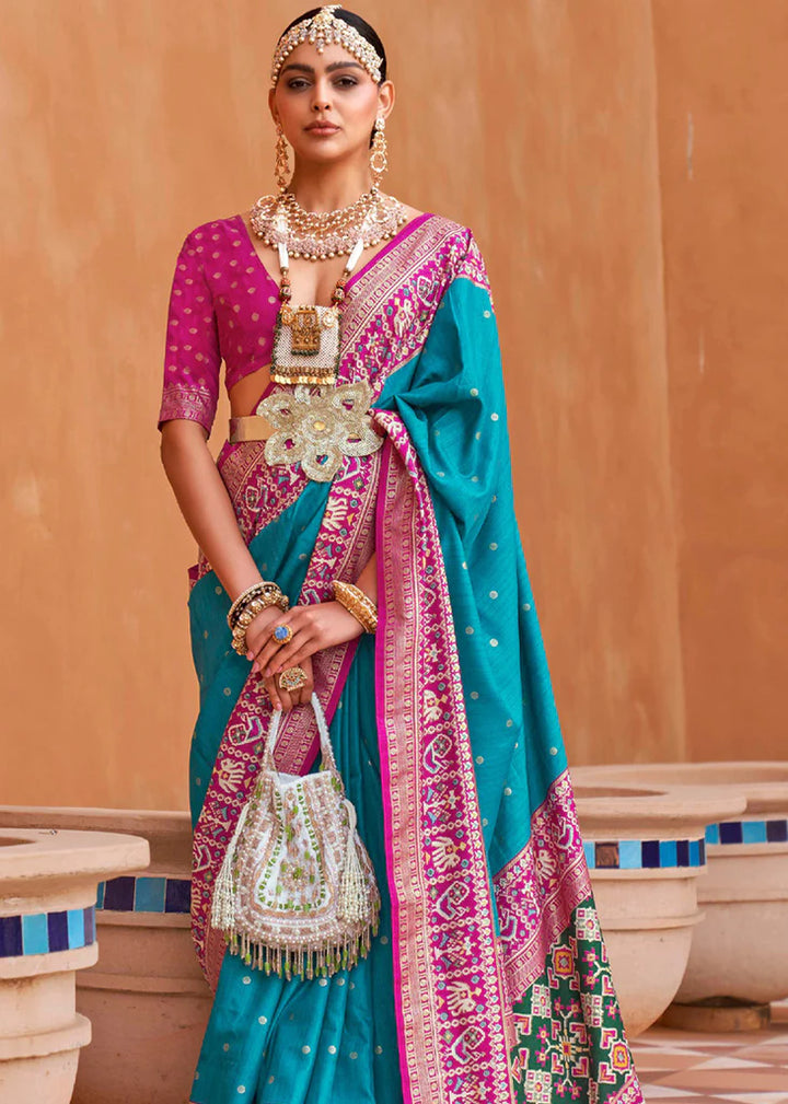 Sky Blue And Pink Designer Patola Saree