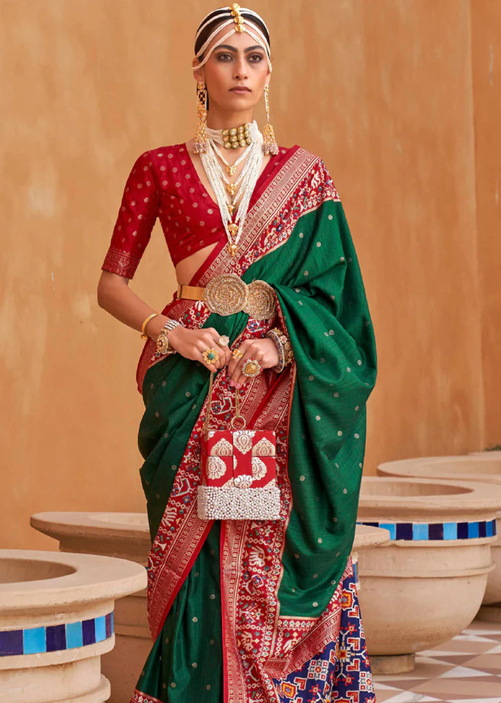 Forest Green And Red Designer Patola Saree