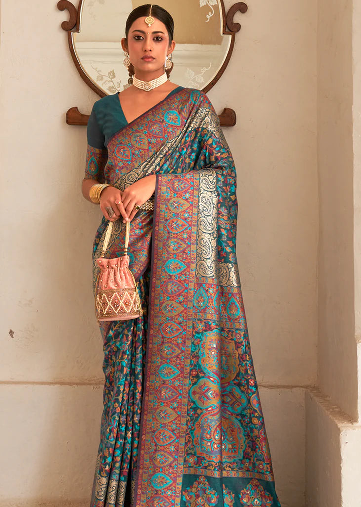 Teal Blue Woven Designer Kashmiri Saree And Blouse