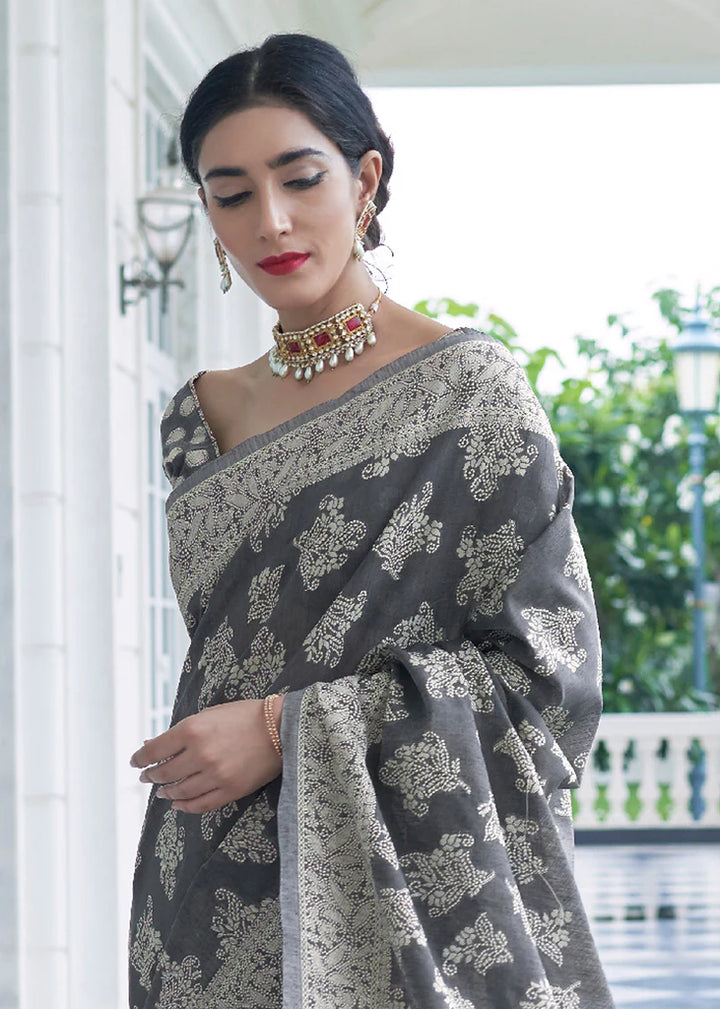 Charcoal Black Woven Lucknowi Chikankari Silk Saree