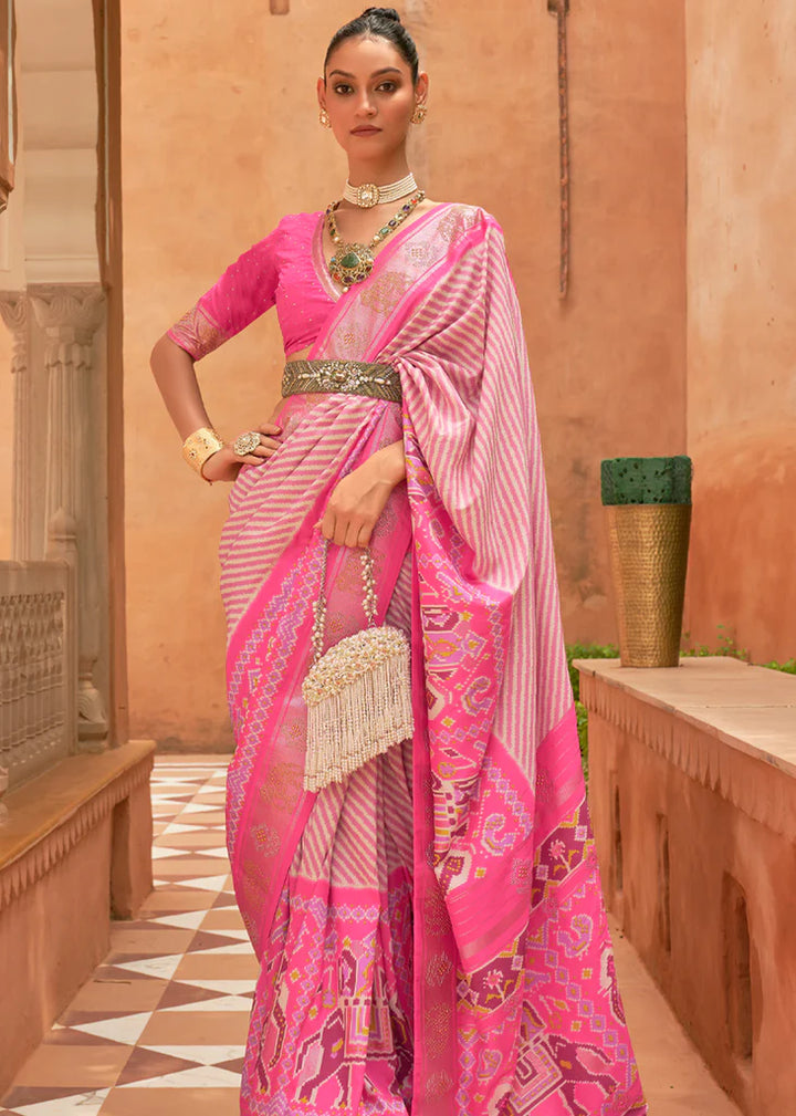 Hot Pink Designer Silk Patola Saree With Blouse