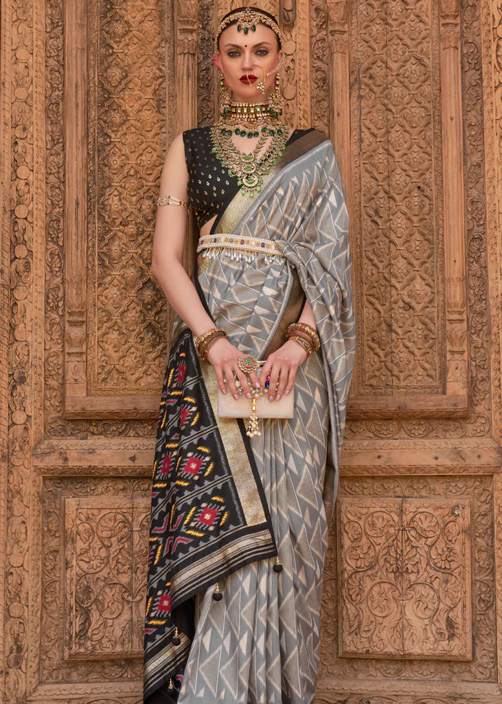 Royal Black Grey Designer Patola Saree