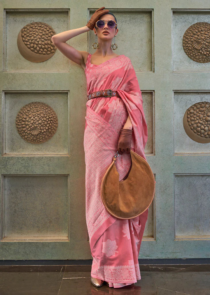 Rose Pink Woven Lucknowi Chikankari Silk Saree