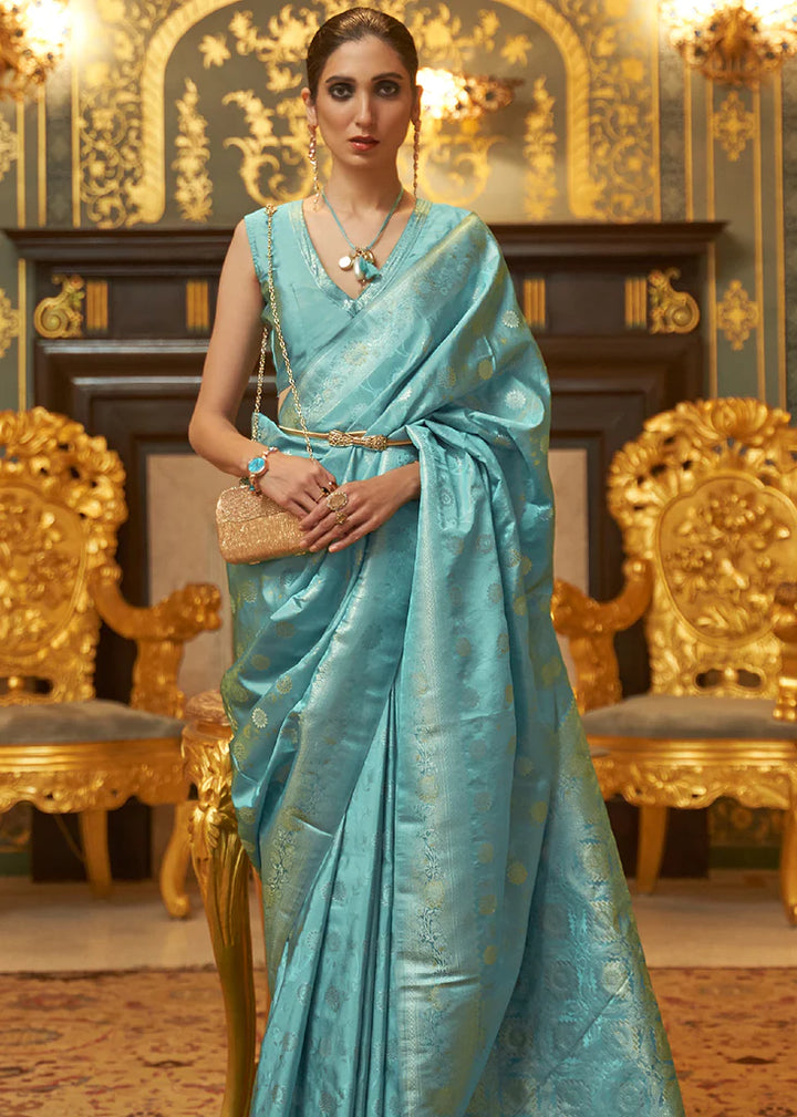 Palace Blue Woven Banarasi Silk Saree With Blouse