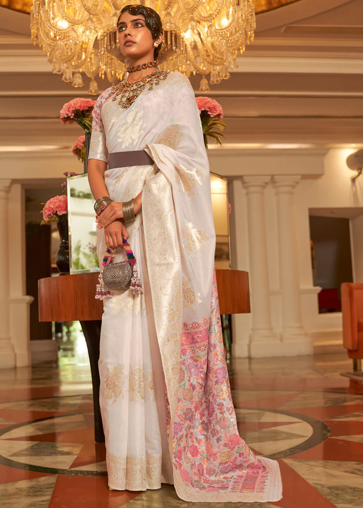 Pearl White Woven Kashmiri Saree And Blouse