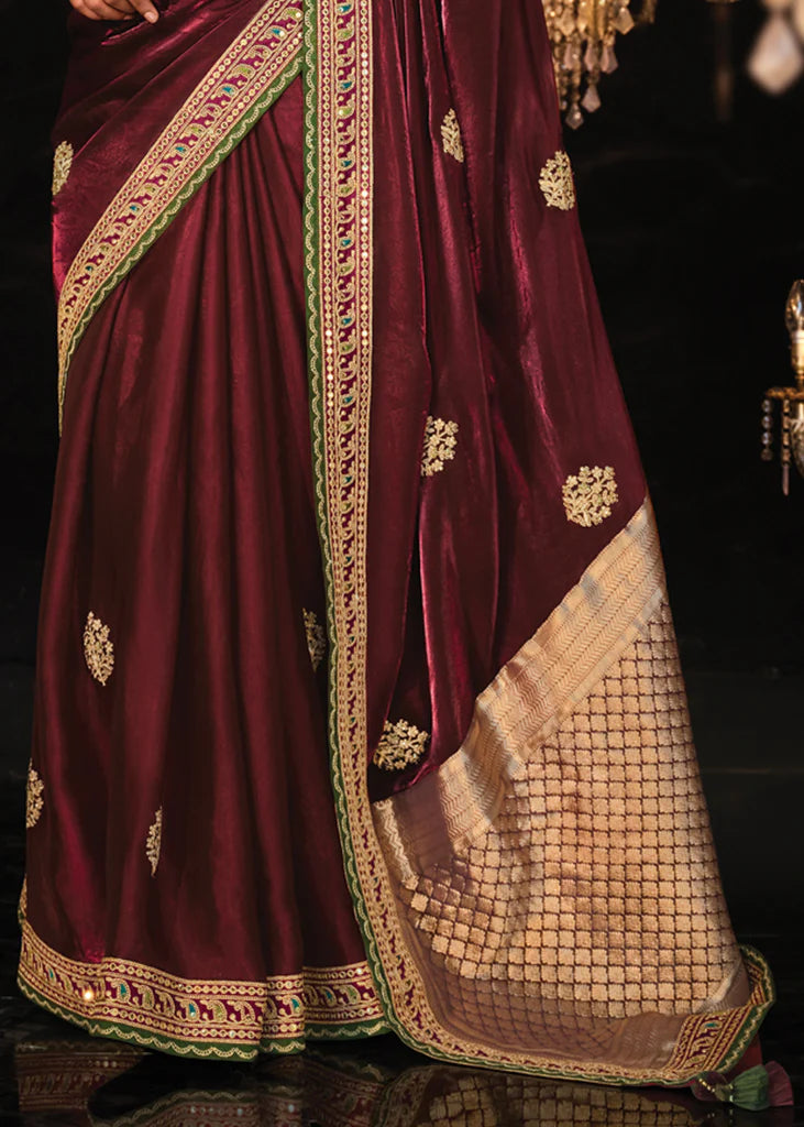 Festive Maroon Heavy Embroidery Designer Saree