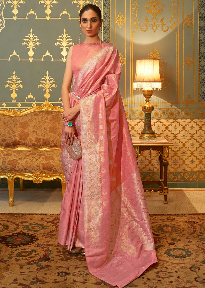 Rose Pink Woven Banarasi Silk Saree With Blouse