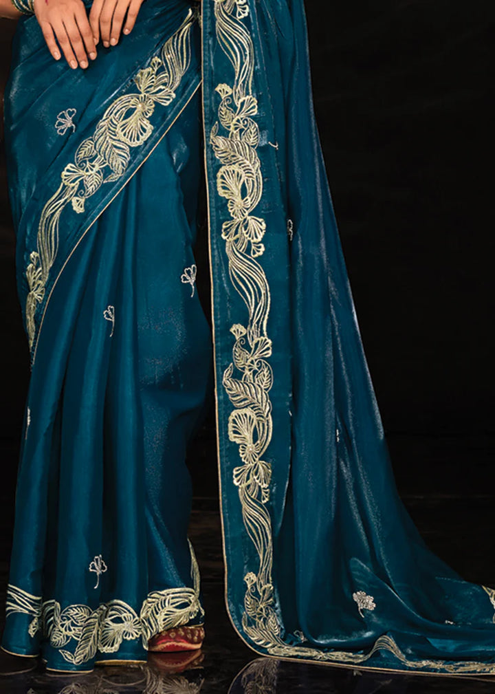 Coral Blue Heavy Embroidery Designer Saree