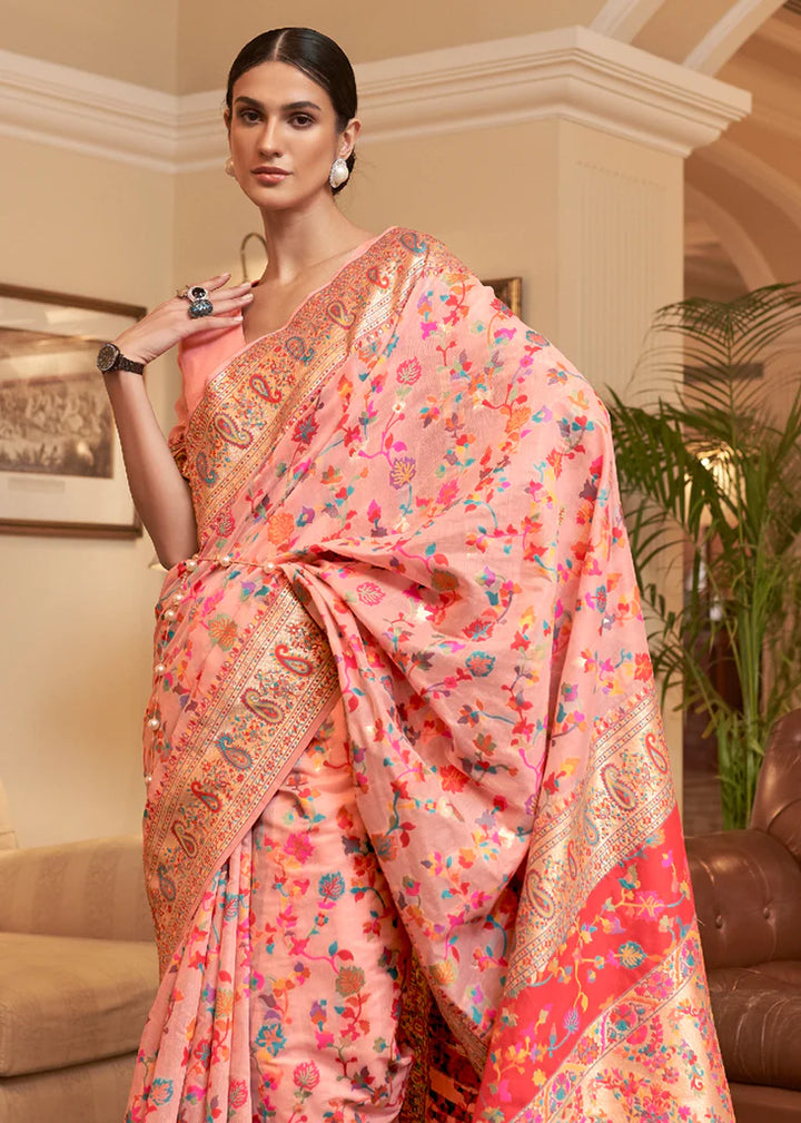 Multi Color Floral Peach Woven Kashmiri Saree