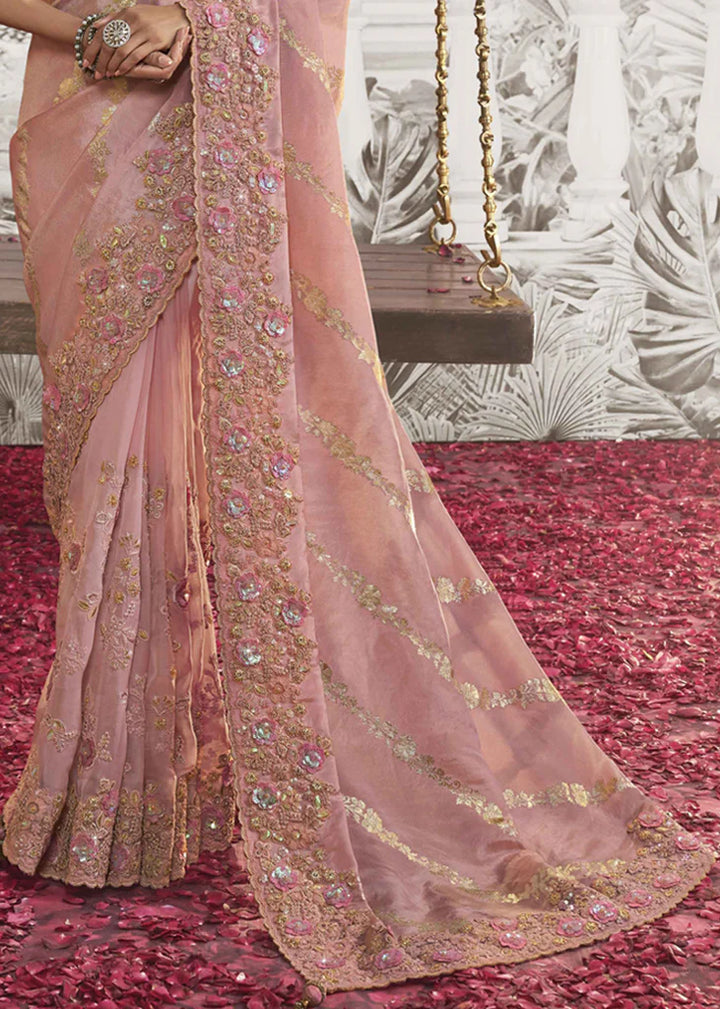 Light Pink Heavy Embroidery Designer Saree