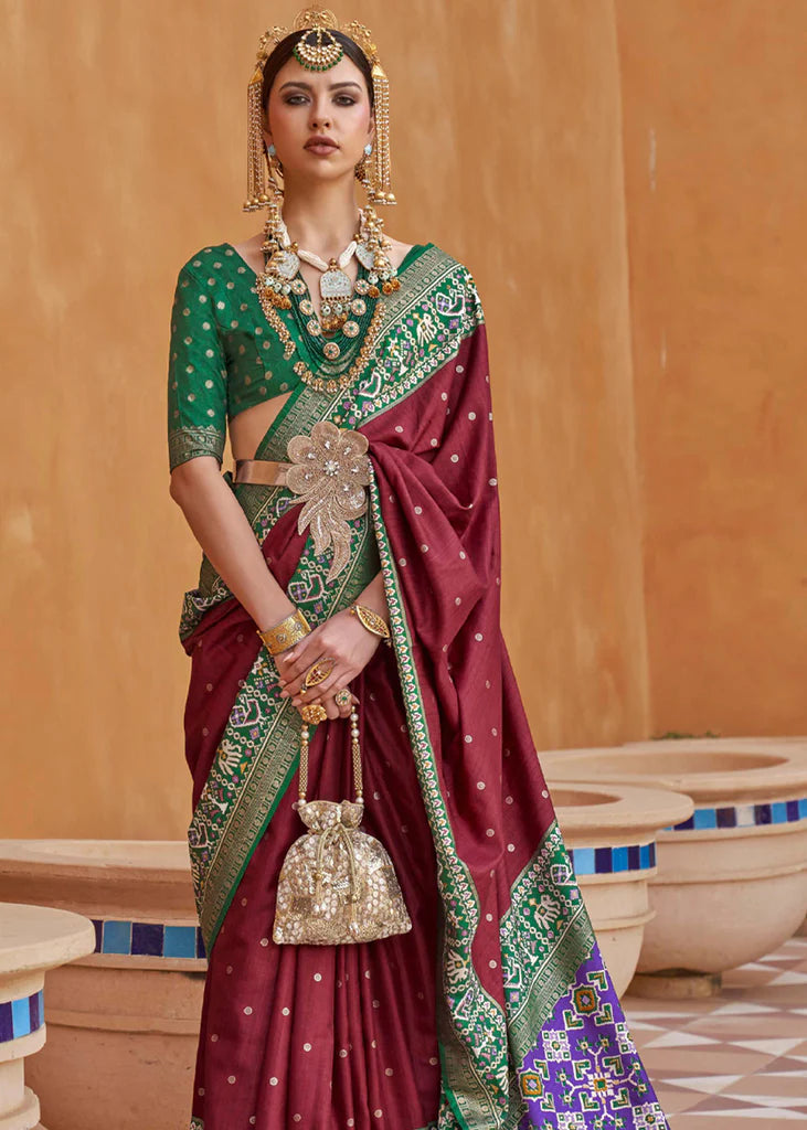 Dark Maroon And Green Designer Patola Saree