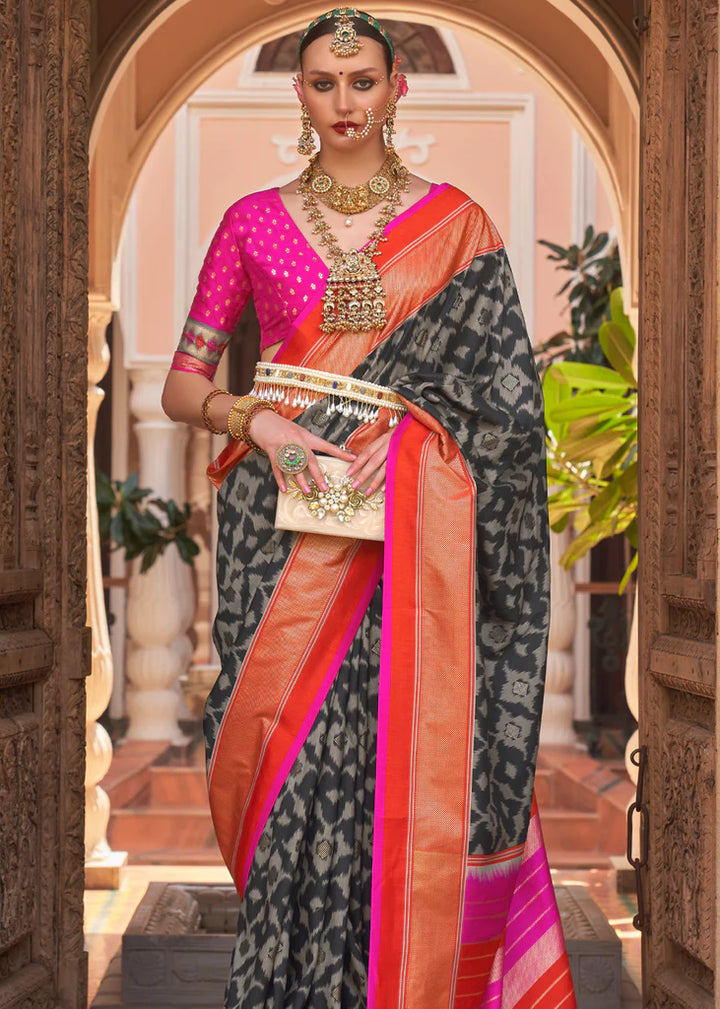 Black Grey And Pink Designer Patola Saree