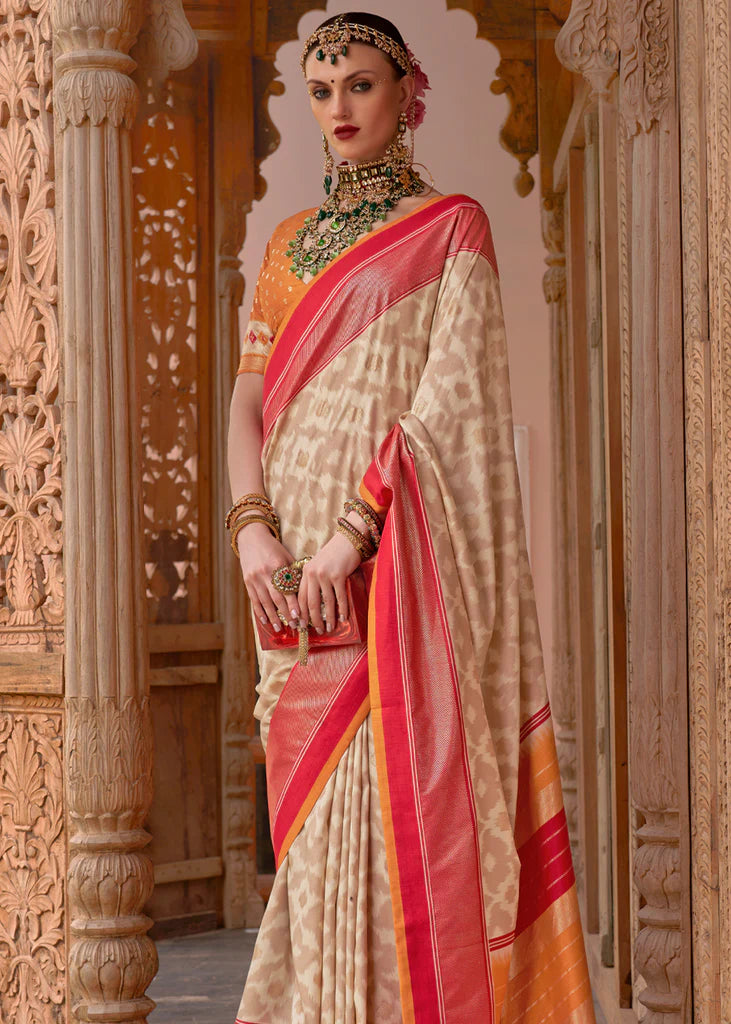 Royal Beige And Orange Designer Patola Saree