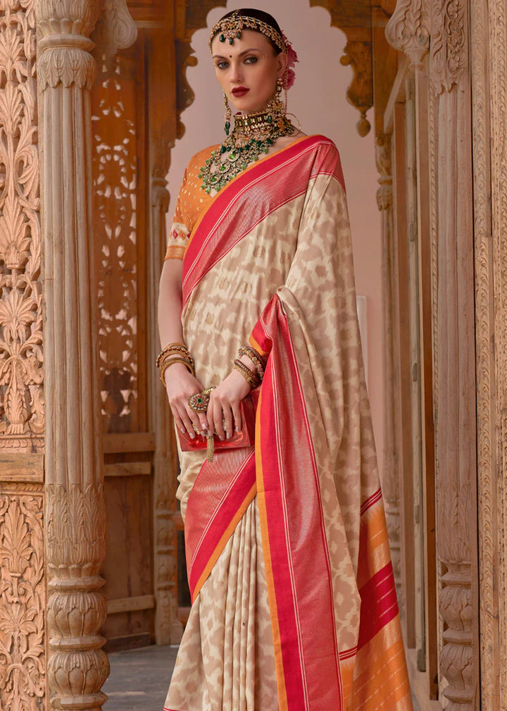 Royal Beige And Orange Designer Patola Saree