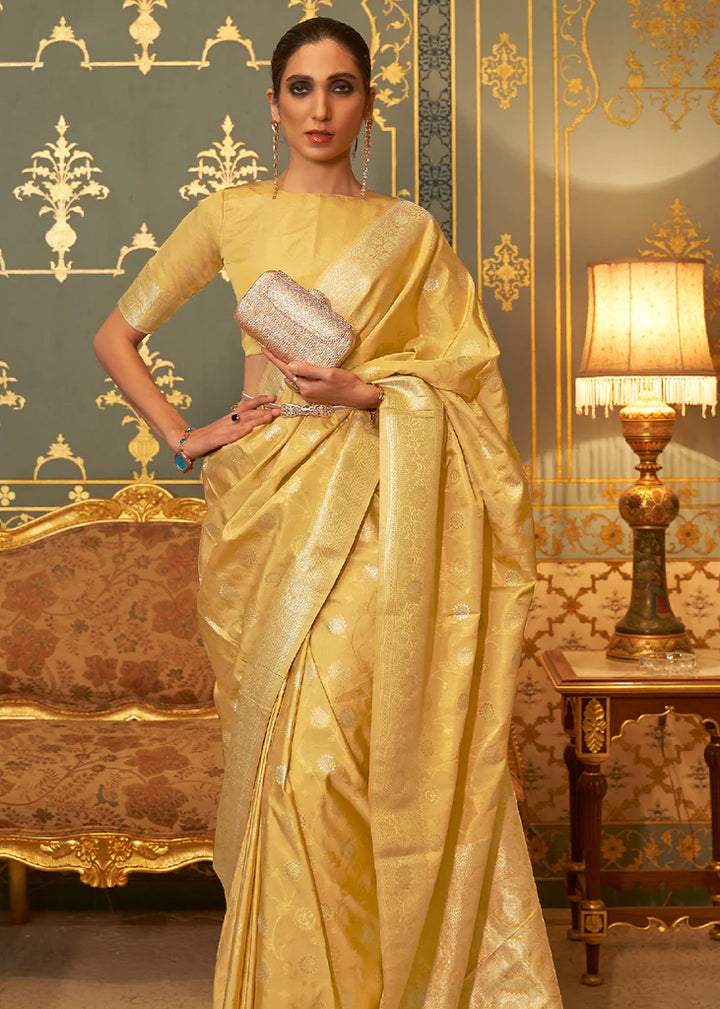 Lemon Yellow Woven Banarasi Silk Saree With Blouse