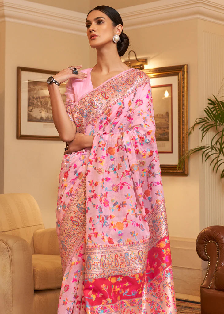 Multi Color Baby Pink Woven Kashmiri Saree