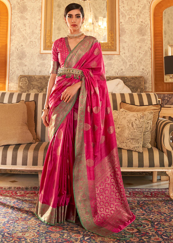 Fairytale Pink Woven Tussar Silk Saree