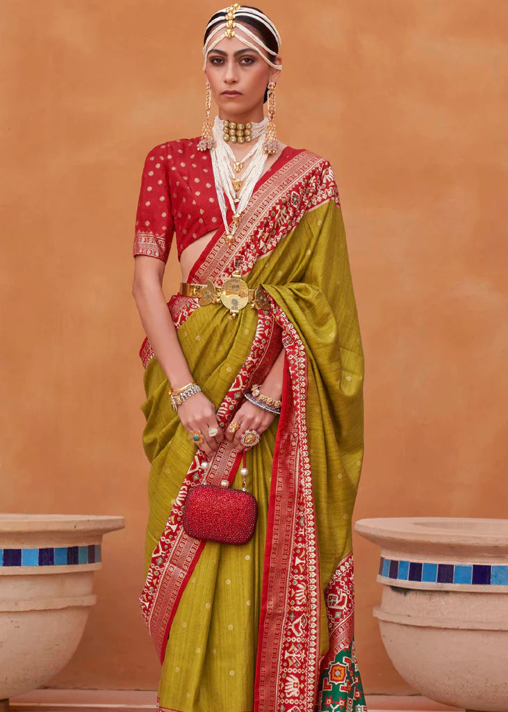 Mustard Yellow And Red Designer Patola Saree