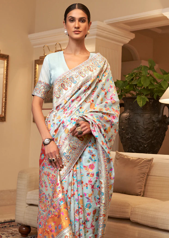 Multi Color Light Blue Woven Kashmiri Saree