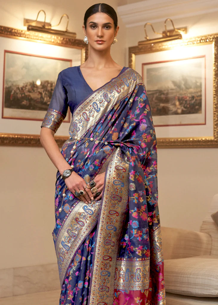 Multi Color Navy Blue Woven Kashmiri Saree