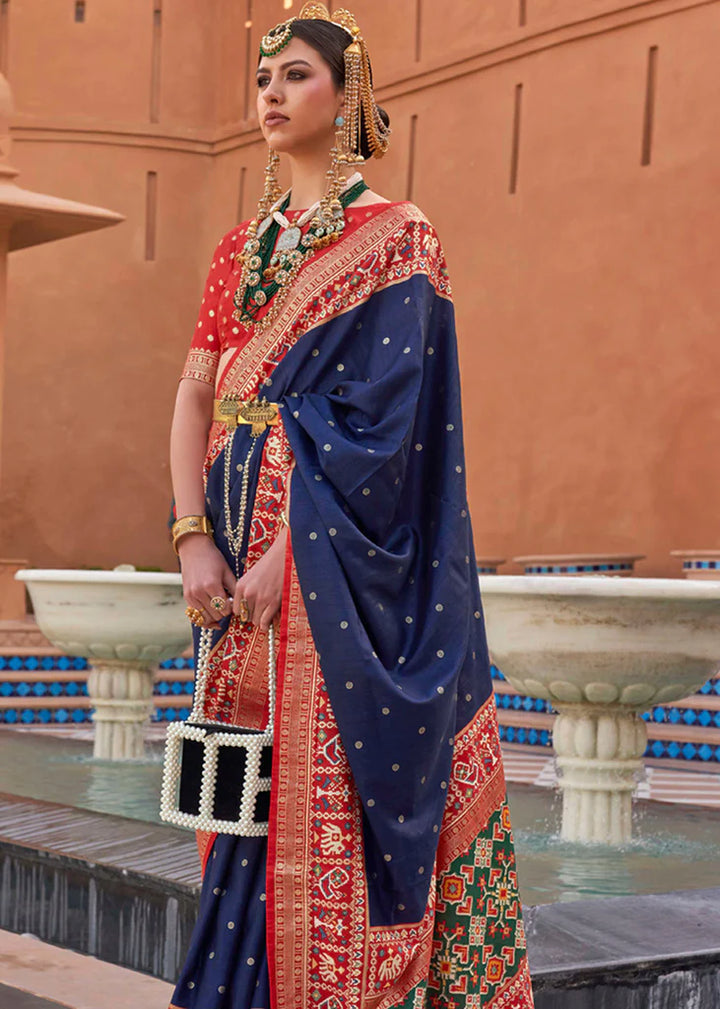 Navy Blue And Red Designer Patola Saree