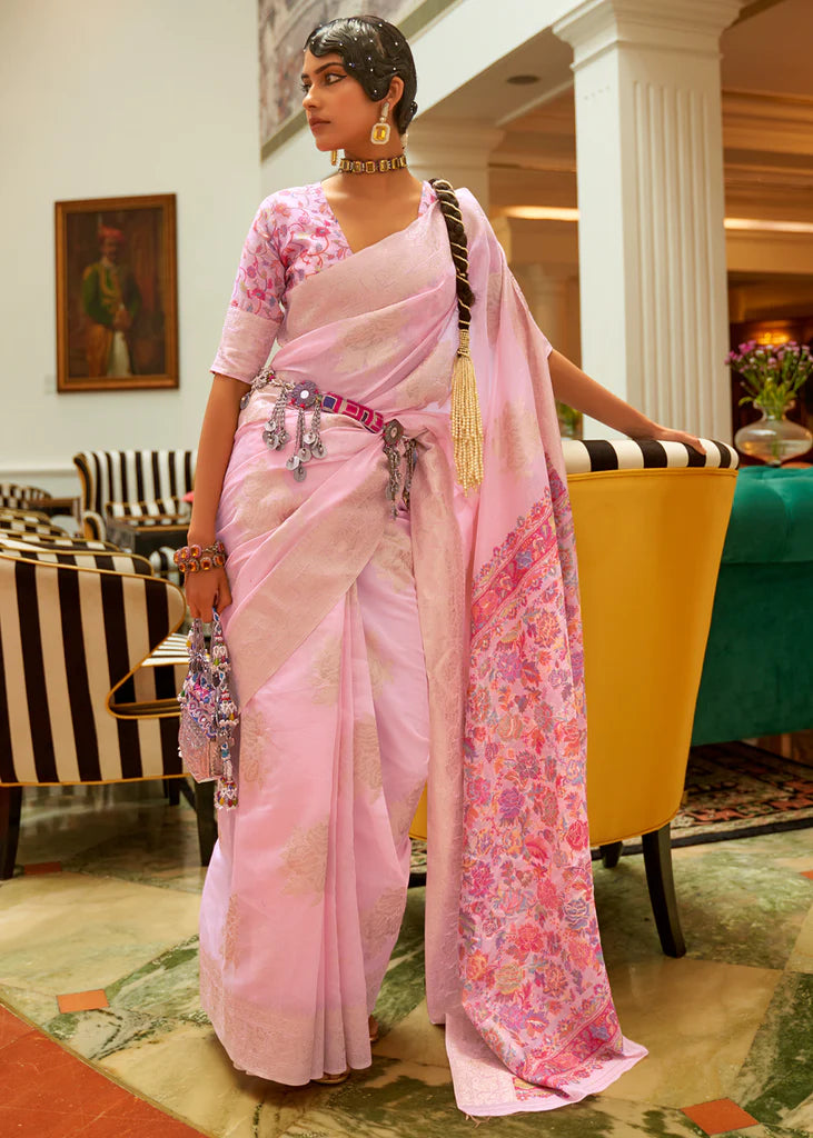 Rose Pink Woven Kashmiri Saree And Blouse