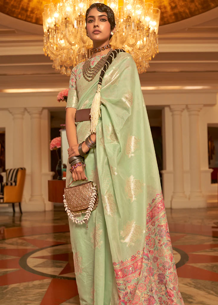 Light Green Woven Kashmiri Saree And Blouse