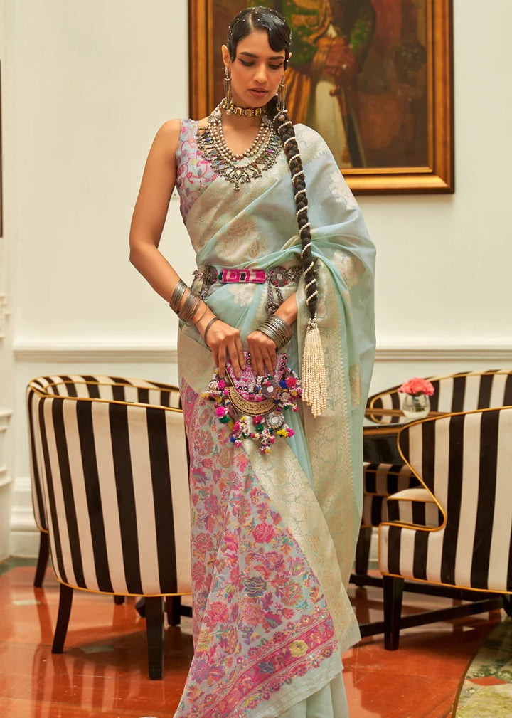 Plum Blue Woven Kashmiri Saree And Blouse