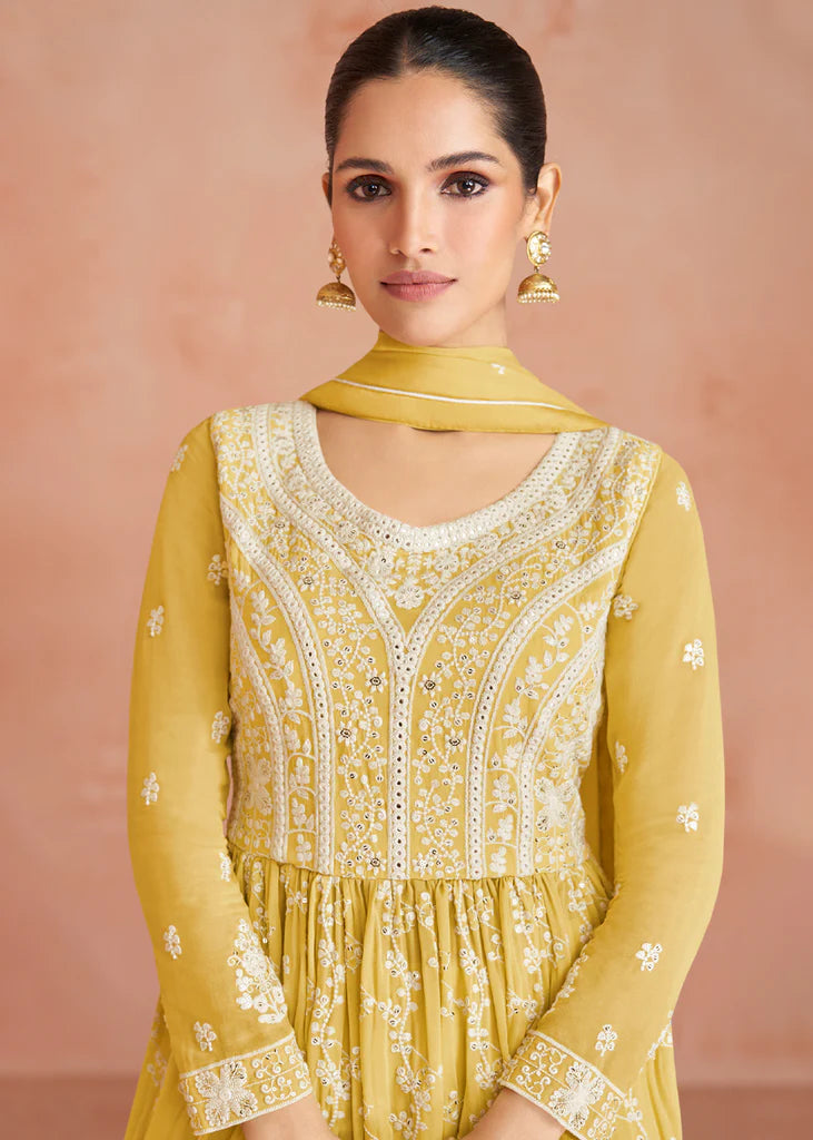 Lime Yellow  Designer Embroidery Georgette Dress