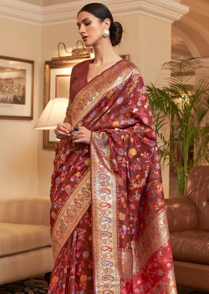 Multi Color Maroon Woven Kashmiri Saree