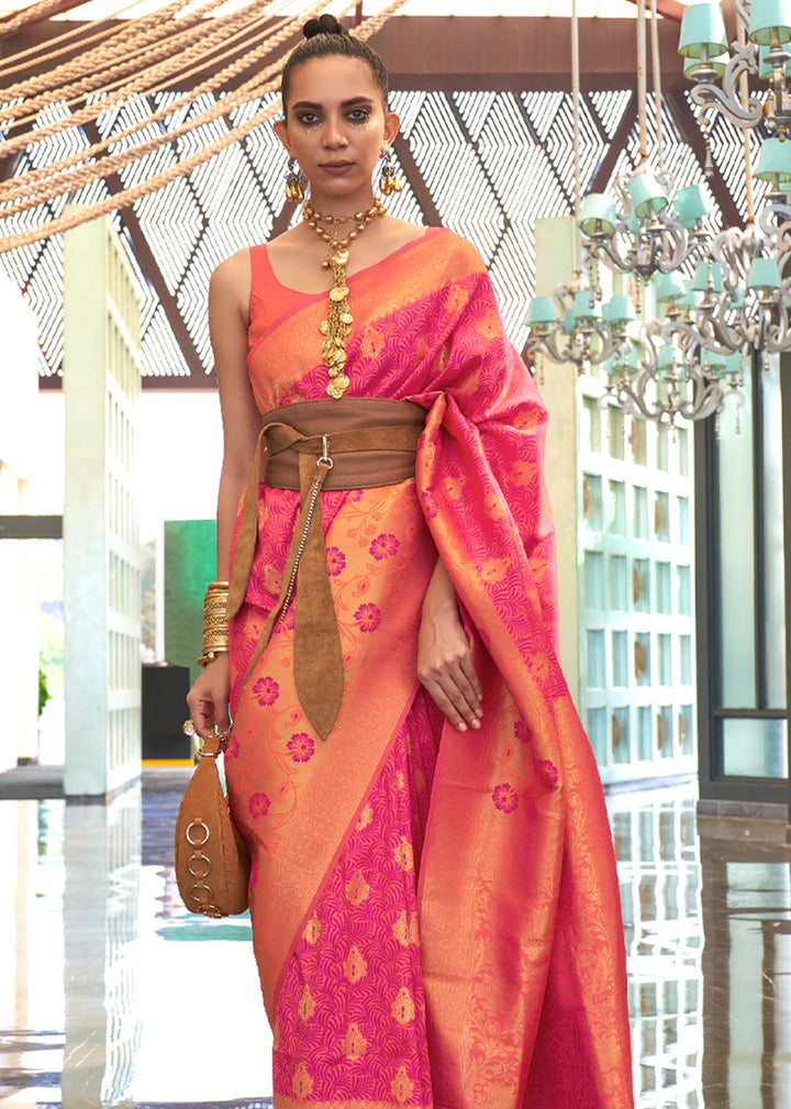 Hot Pink And Orange Handloom Woven Silk Saree