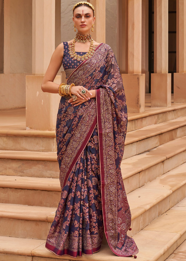 Navy Blue Woven Brasso Silk Saree With Blouse