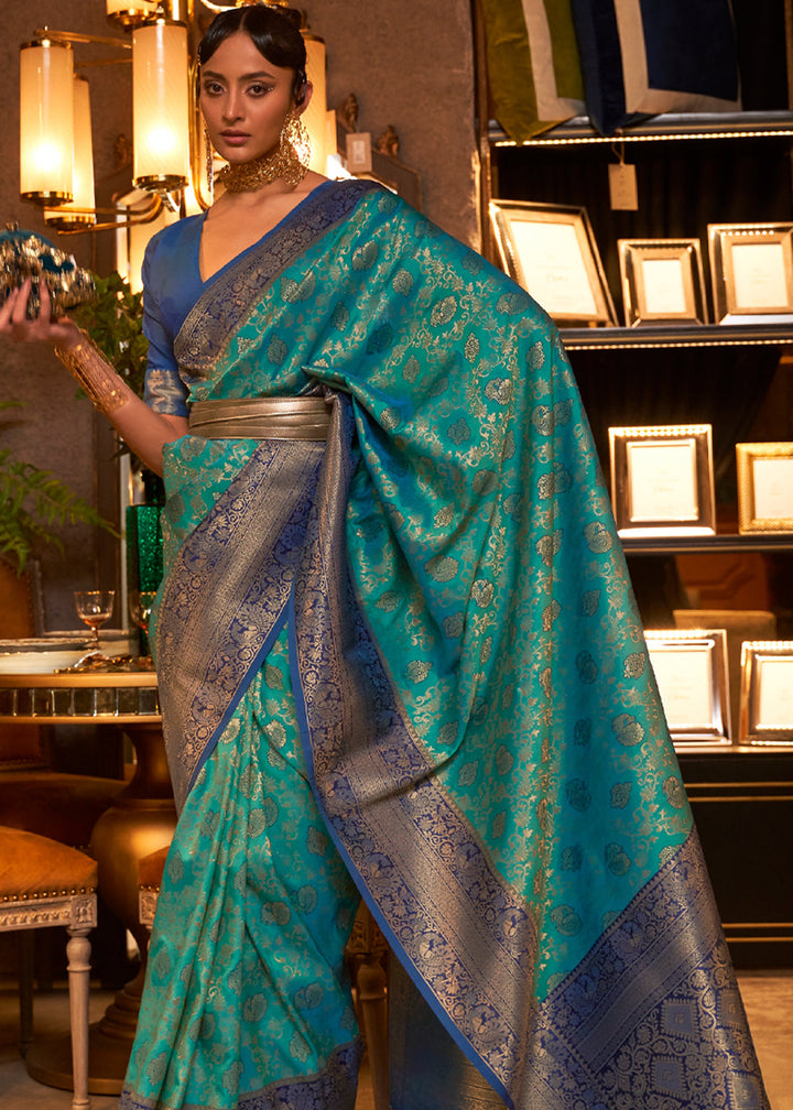 Teal Green Handloom Weaving Silk Saree