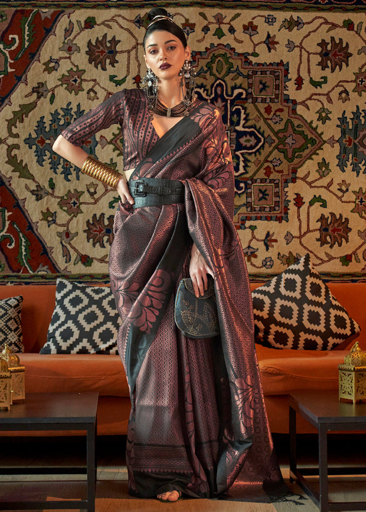 Metalic Black Copper Zari Handloom Weaving Silk Saree