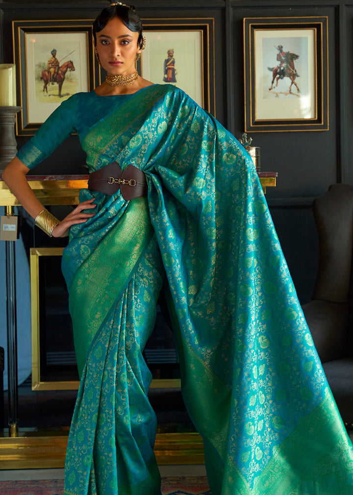 Sea Blue Handloom Weaving Silk Saree