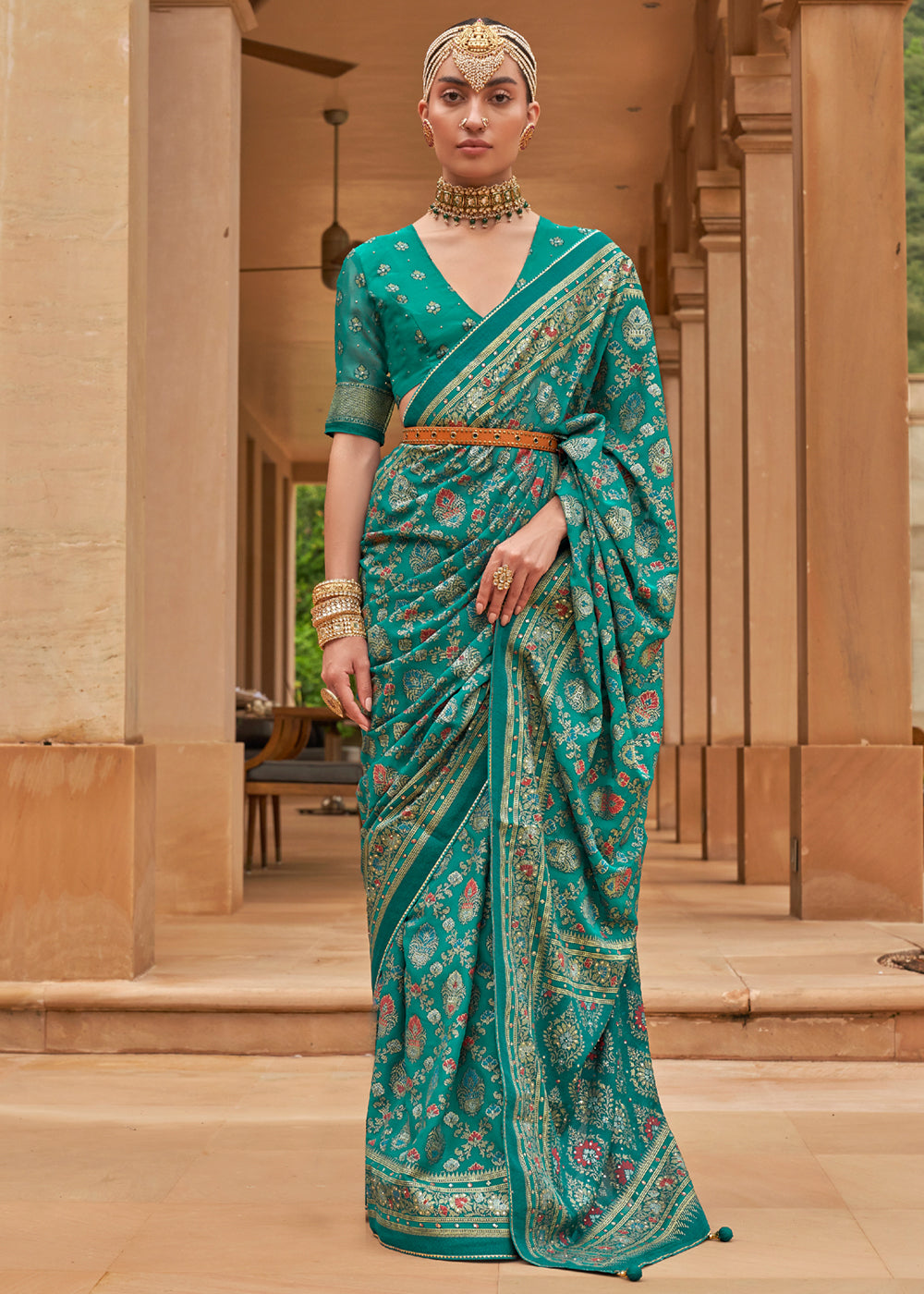 Teal Green Woven Brasso Silk Saree With Blouse