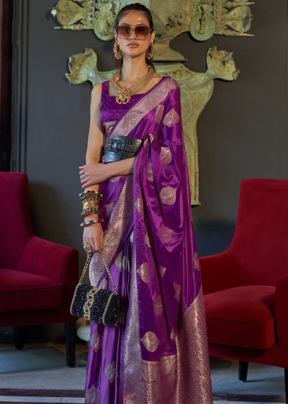 Purple Satin Handloom Weaving Silk Saree