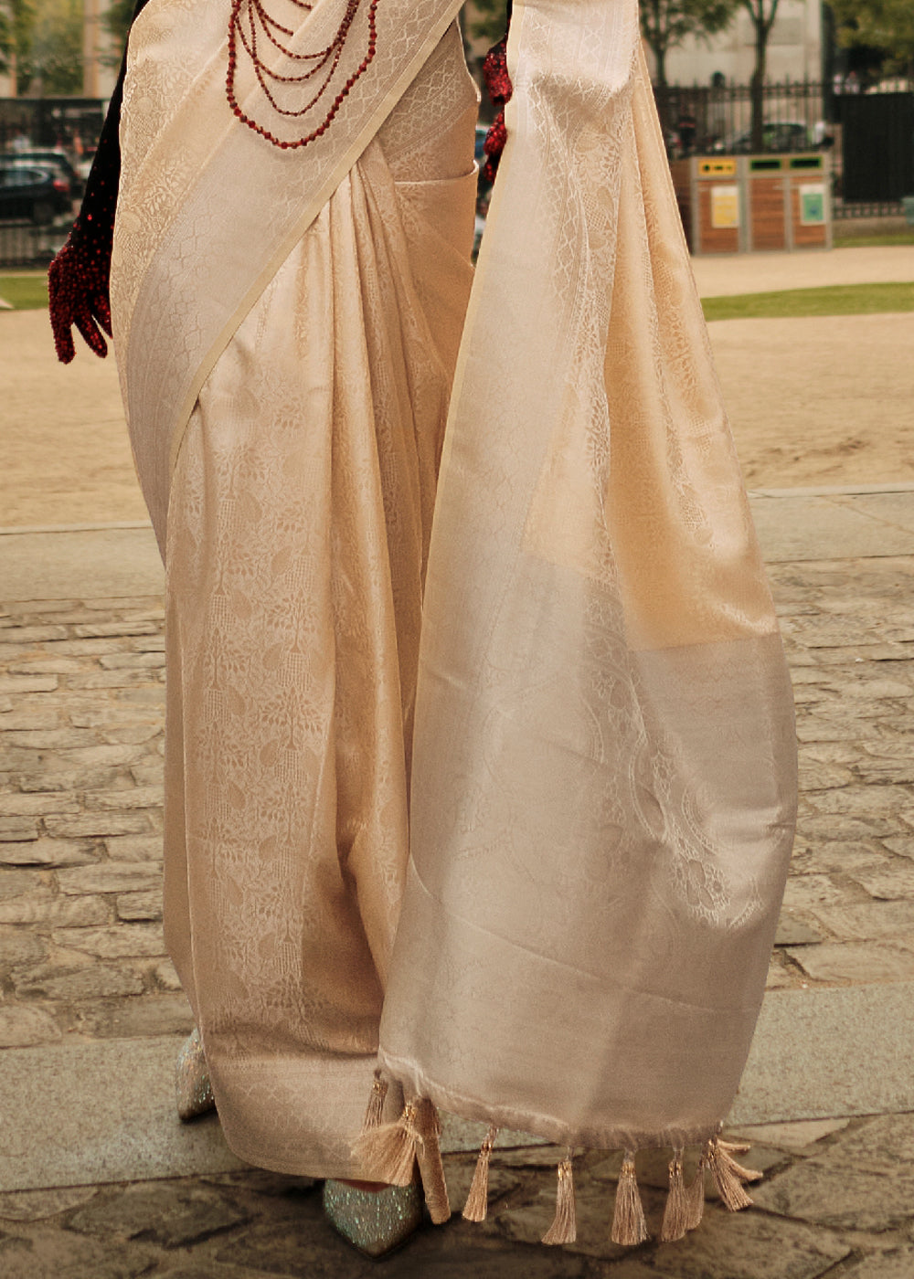 Classic Beige Satin Handloom Weaving Silk Saree