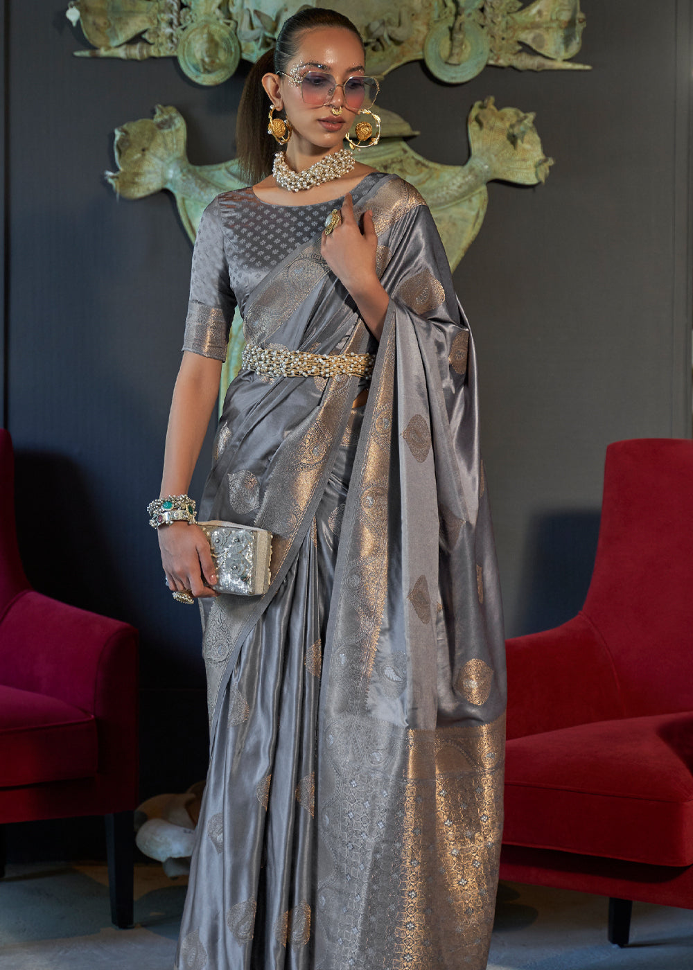 Grey Chiffon Silk Saree with Chikankari Lace - Monastoor- Indian ethnical  dress collections with more than 1500+ fashionable indian traditional  dresses and ethnical jewelleries.