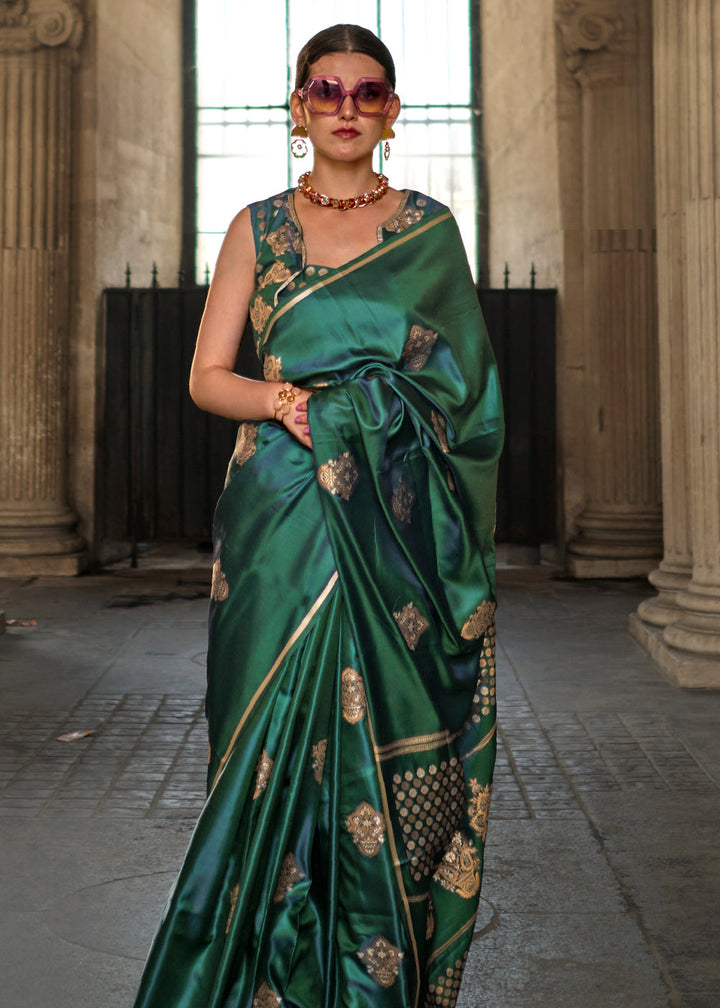 Classic Green Satin Handloom Weaving Silk Saree